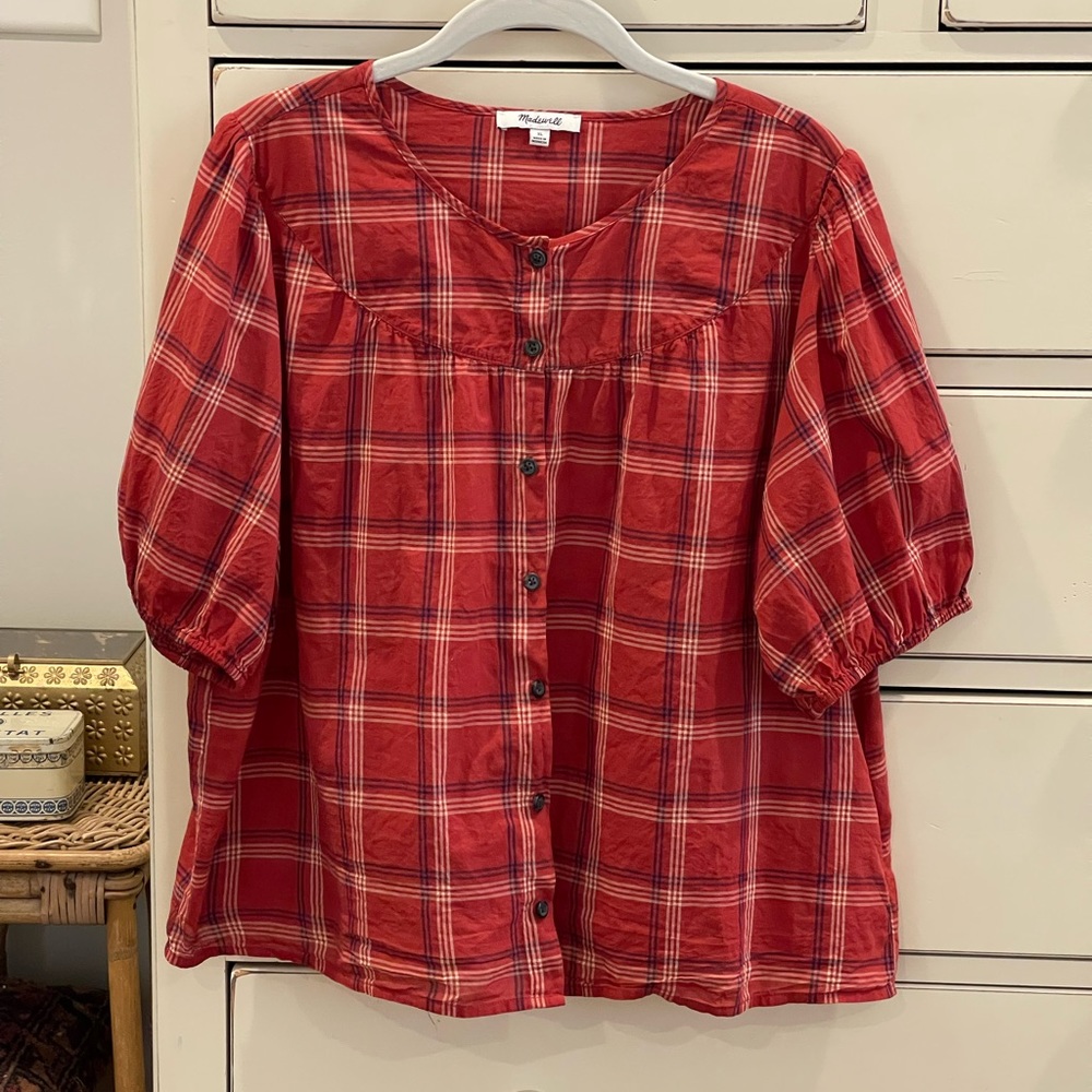 Madewell XL Red Plaid Short Sleeved Top